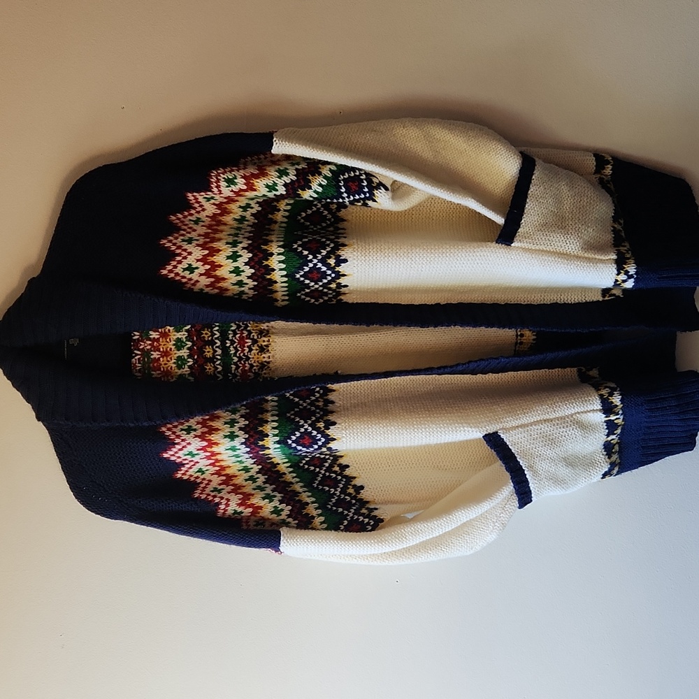 American Eagle Fair Isle Cardigan Chunky Knit Cream Navy Pockets, Size Xxl - Picture 2 of 12